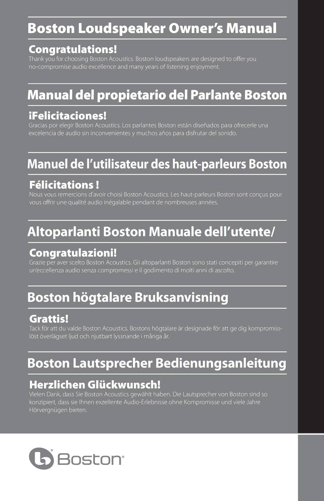 Boston Acoustics CS23IIBLACK, CS225CIIBLACK, CS260IIBLACK owner manual Manual del propietario del Parlante Boston 