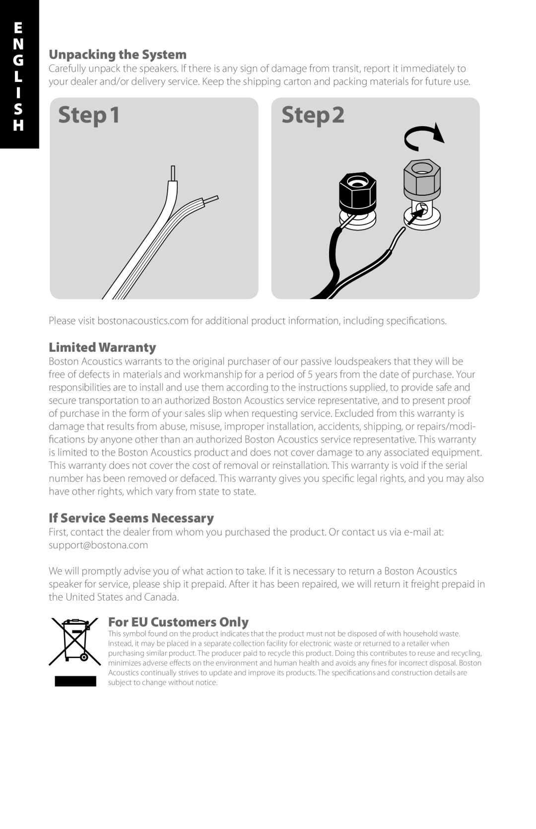 Boston Acoustics CS23II Unpacking the System, Limited Warranty, If Service Seems Necessary, For EU Customers Only 