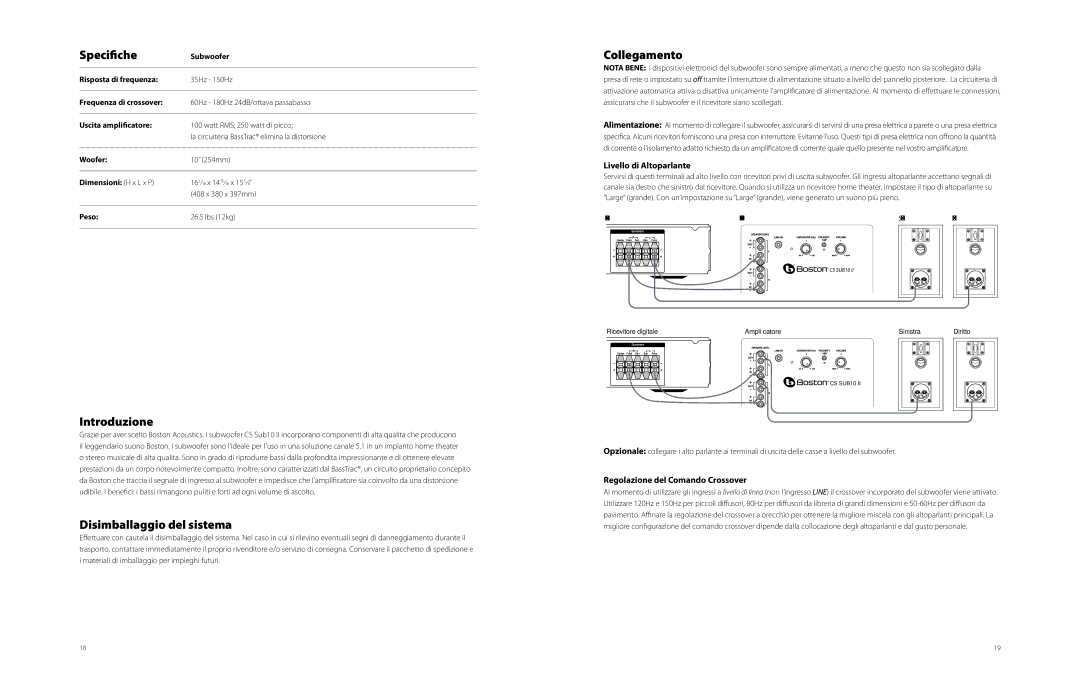 Boston Acoustics CSSSUB10IIBLK, CSSUB10II owner manual Specifiche, Collegamento, Introduzione, Disimballaggio del sistema 