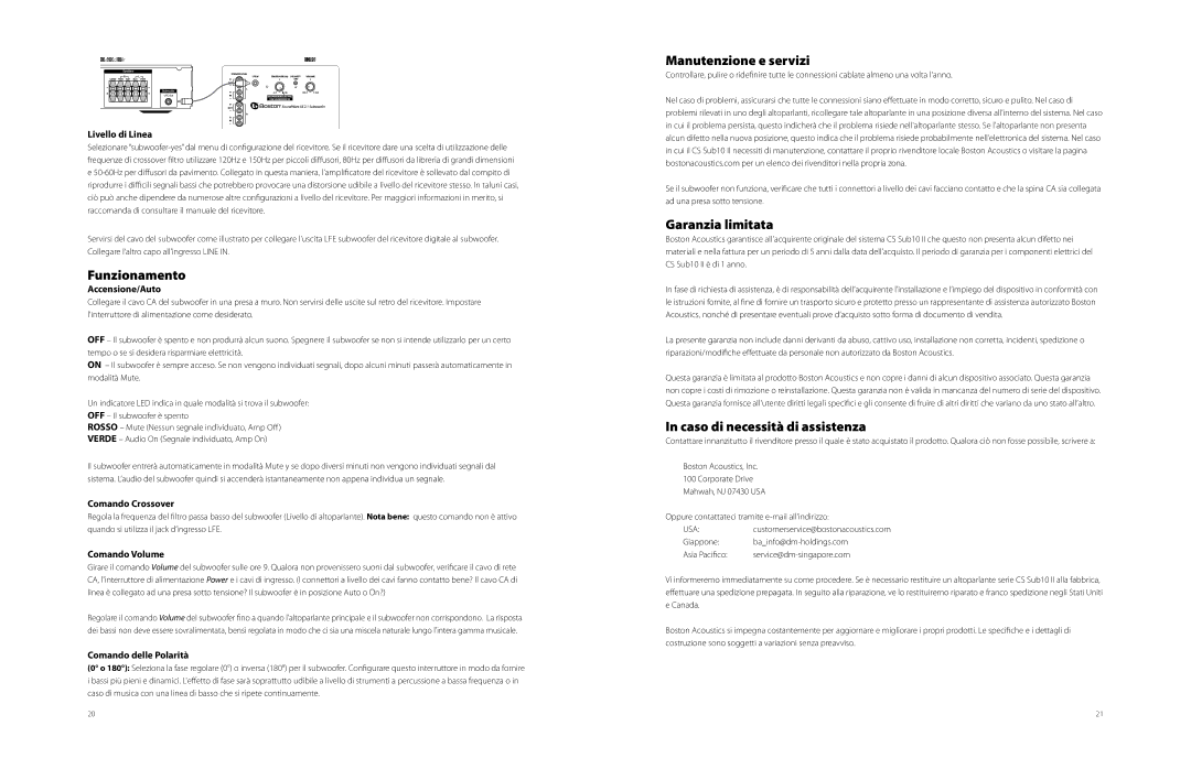 Boston Acoustics CSSUB10II Funzionamento, Manutenzione e servizi, Garanzia limitata, Caso di necessità di assistenza 