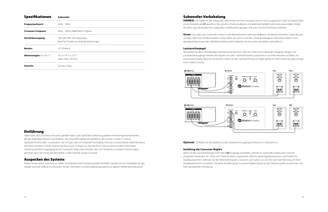 Boston Acoustics CSSUB10II, CSSSUB10IIBLK Spezifikationen, Subwoofer-Verkabelung, Einführung, Auspacken des Systems 