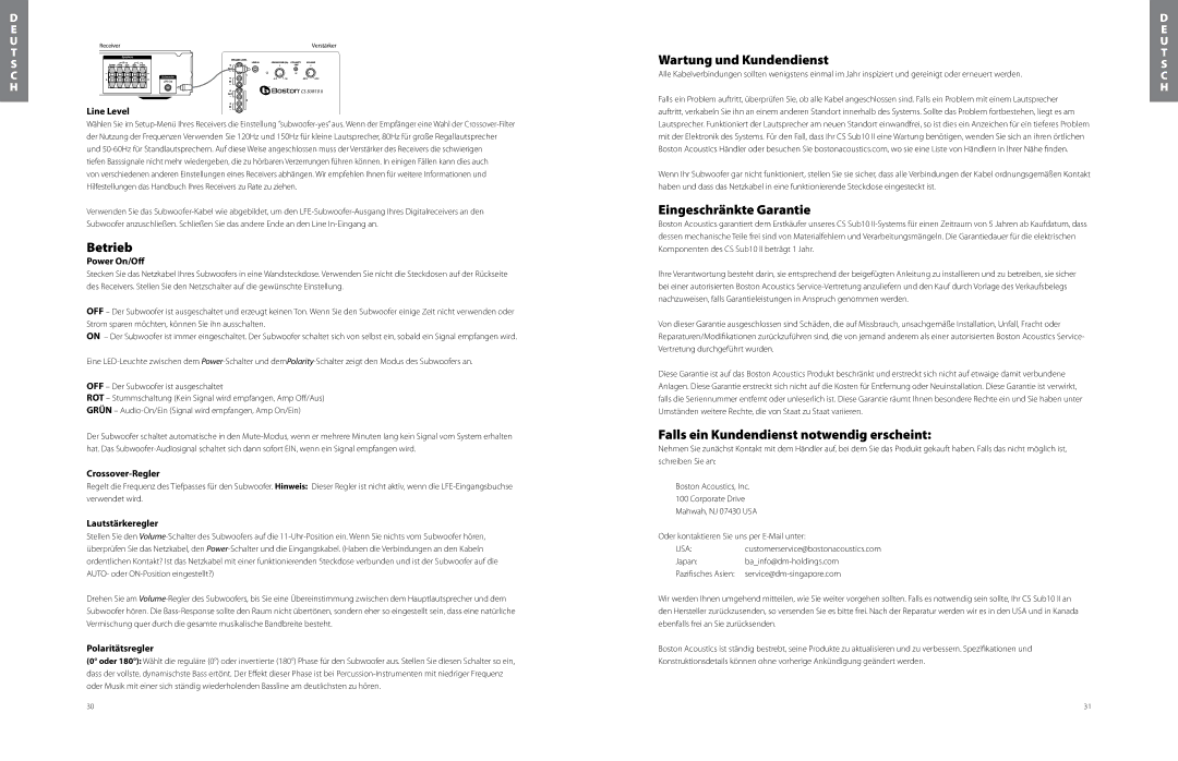 Boston Acoustics CSSSUB10IIBLK, CSSUB10II owner manual Wartung und Kundendienst, Betrieb, Eingeschränkte Garantie 