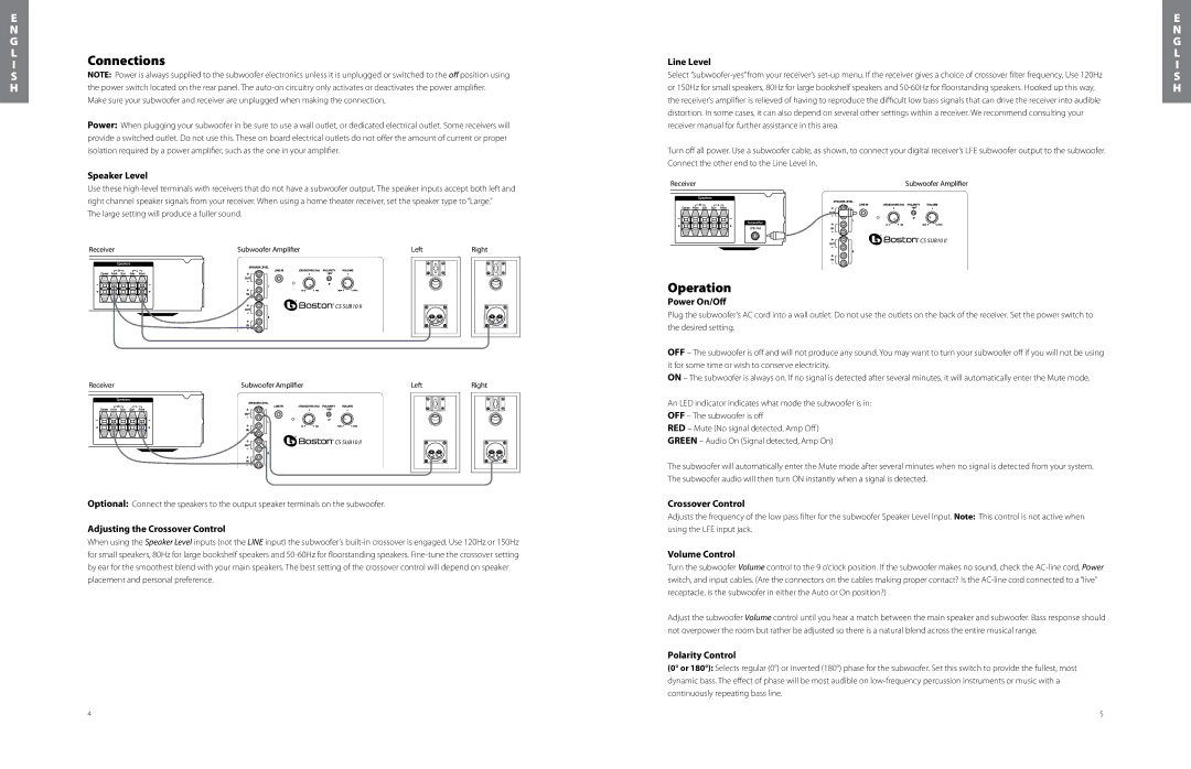 Boston Acoustics CSSUB10II, CSSSUB10IIBLK owner manual Connections, Operation 