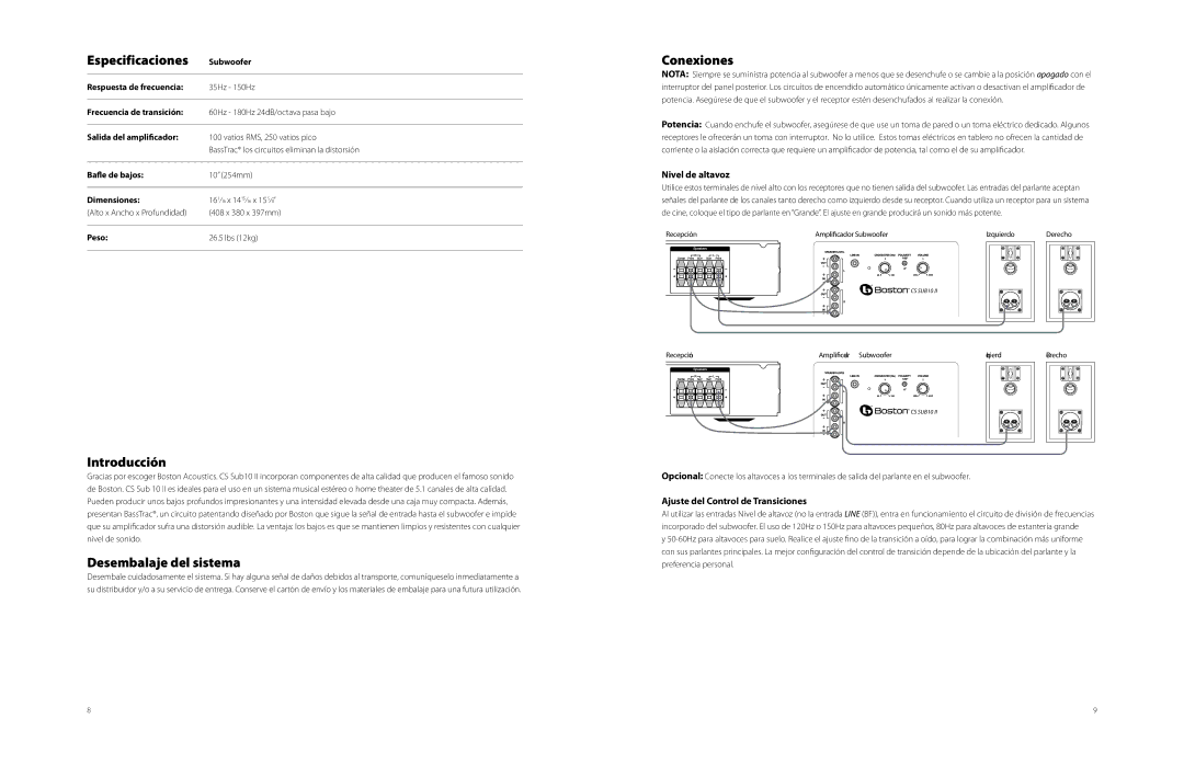 Boston Acoustics CSSUB10II Especificaciones, Introducción, Desembalaje del sistema, Ajuste del Control de Transiciones 