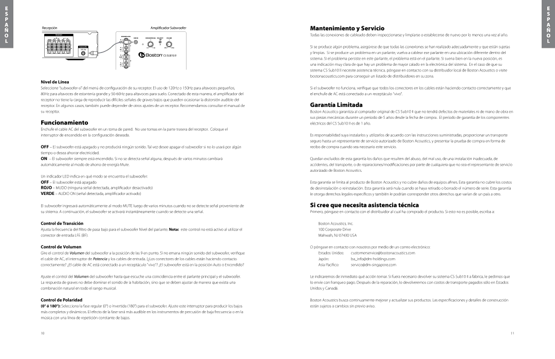Boston Acoustics CSSSUB10IIBLK, CSSUB10II owner manual Mantenimiento y Servicio, Funcionamiento, Garantía Limitada 