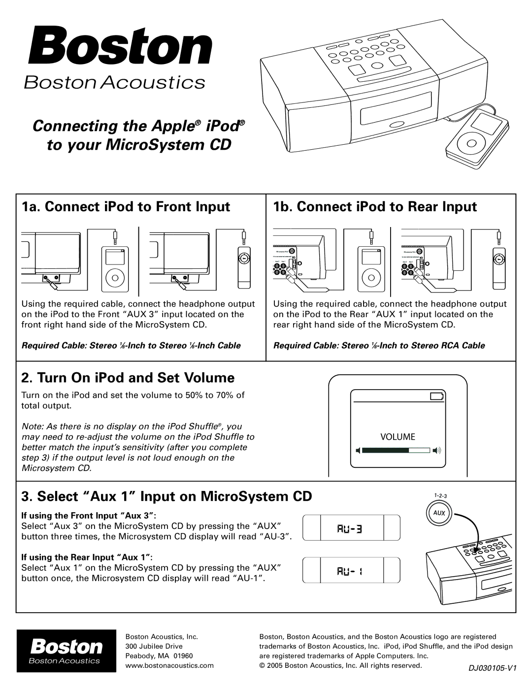 Boston Acoustics DJ030105-V1 manual Connecting the Apple iPod To your MicroSystem CD, 1a. Connect iPod to Front Input 