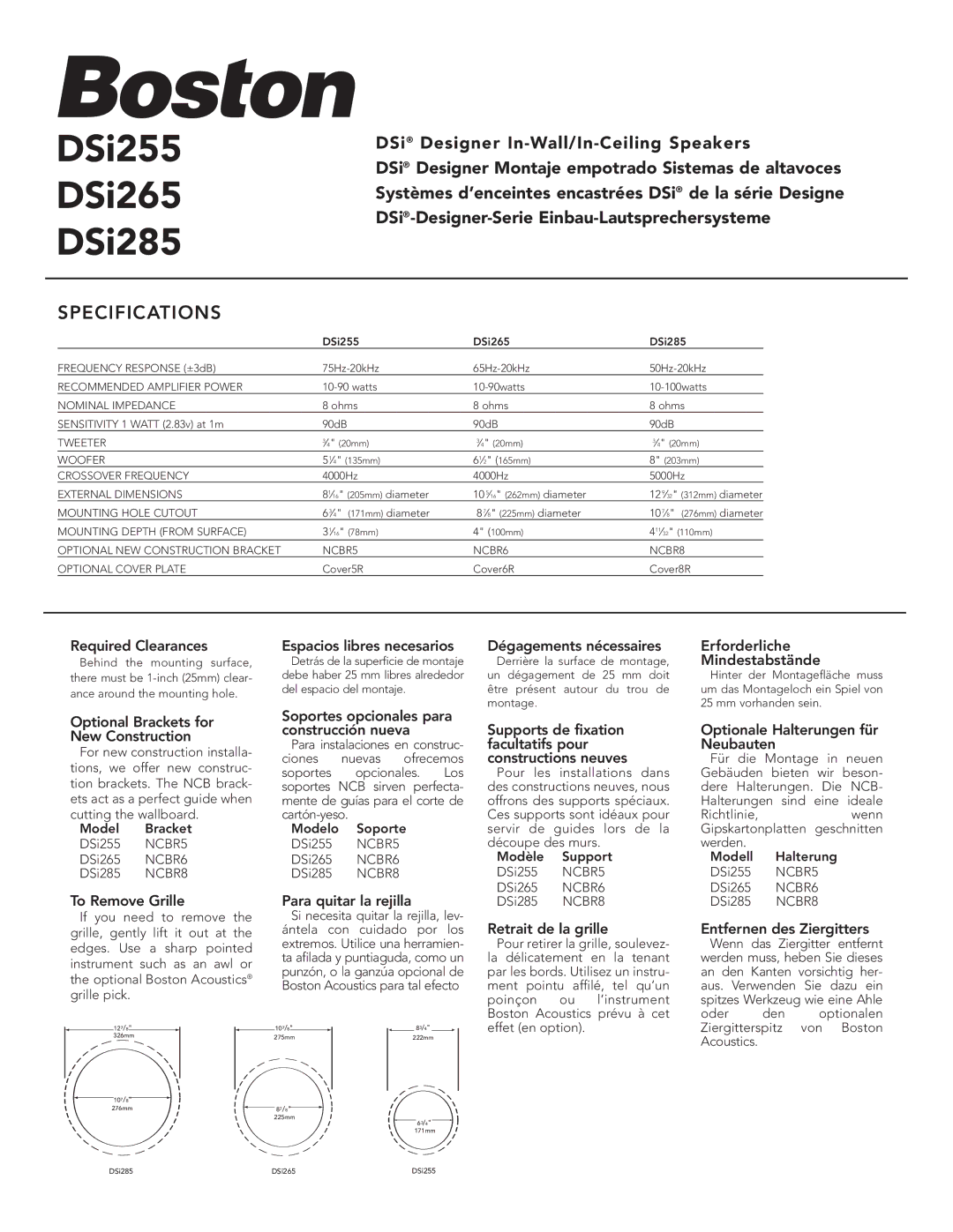 Boston Acoustics DSI285 specifications Required Clearances, Optional Brackets for New Construction, To Remove Grille 