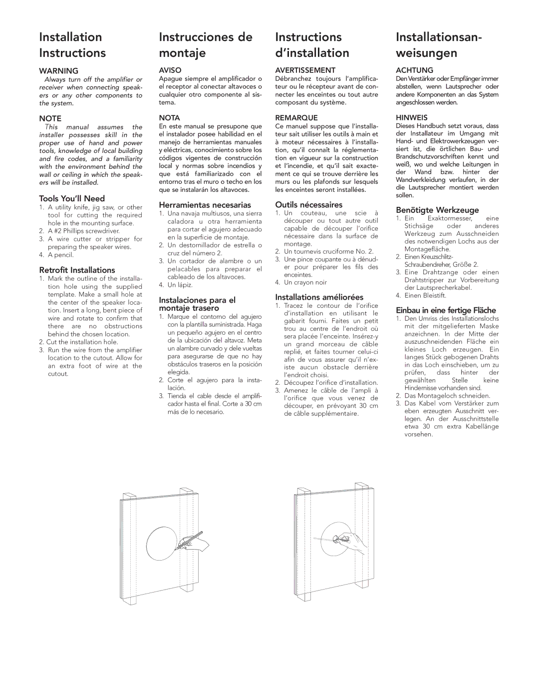 Boston Acoustics DSI265, DSi255 Tools You’ll Need, Retrofit Installations, Herramientas necesarias, Outils nécessaires 