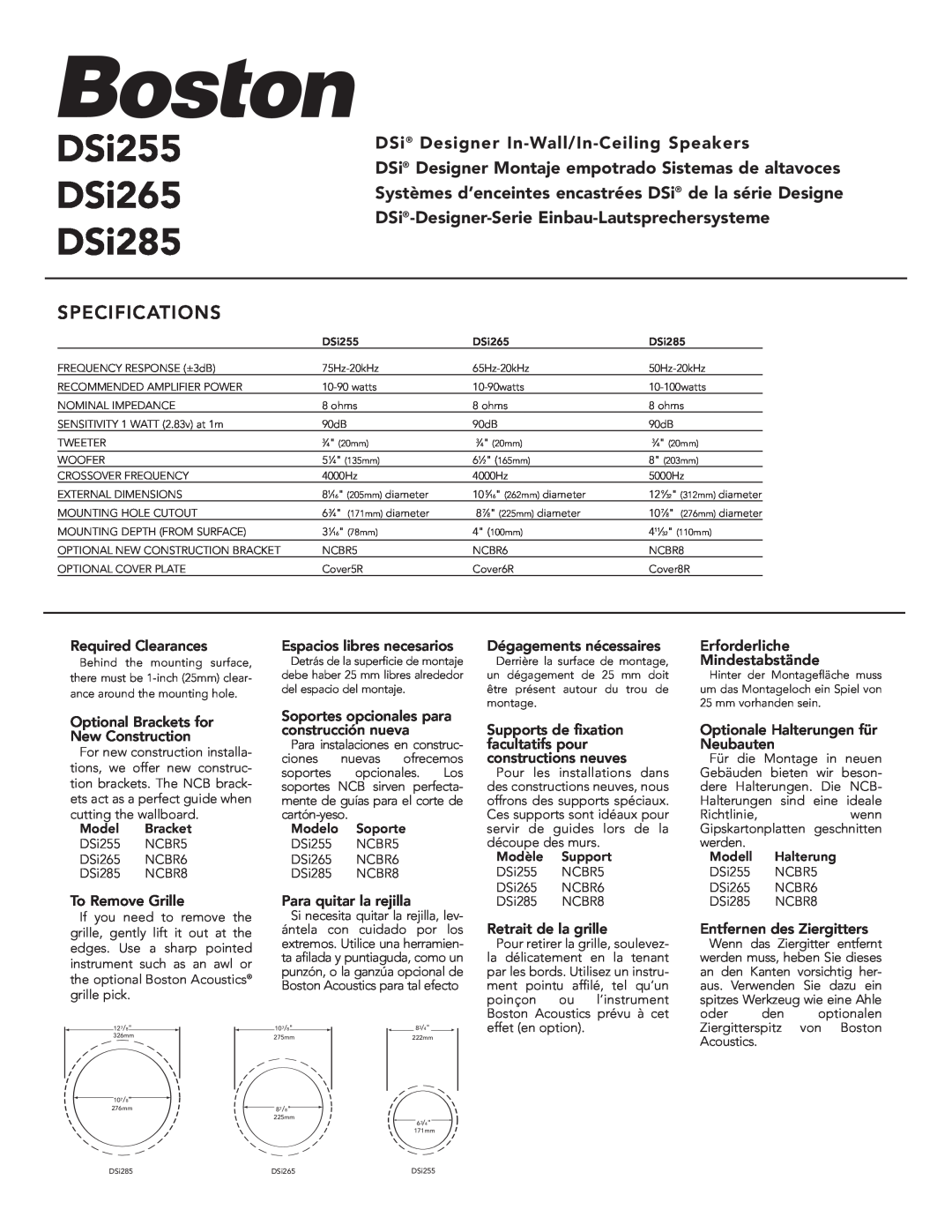 Boston Acoustics DSI285 specifications DSi255 DSi265 DSi285, Specifications, DSi Designer In-Wall/In-CeilingSpeakers 