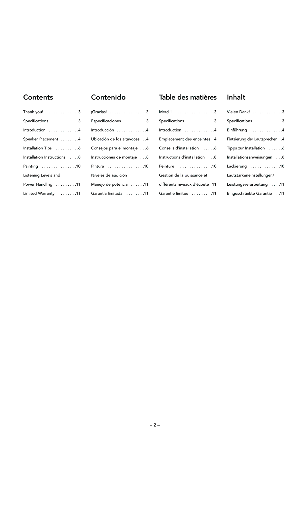 Boston Acoustics DSi255 manual Contents Contenido Table des matières Inhalt 