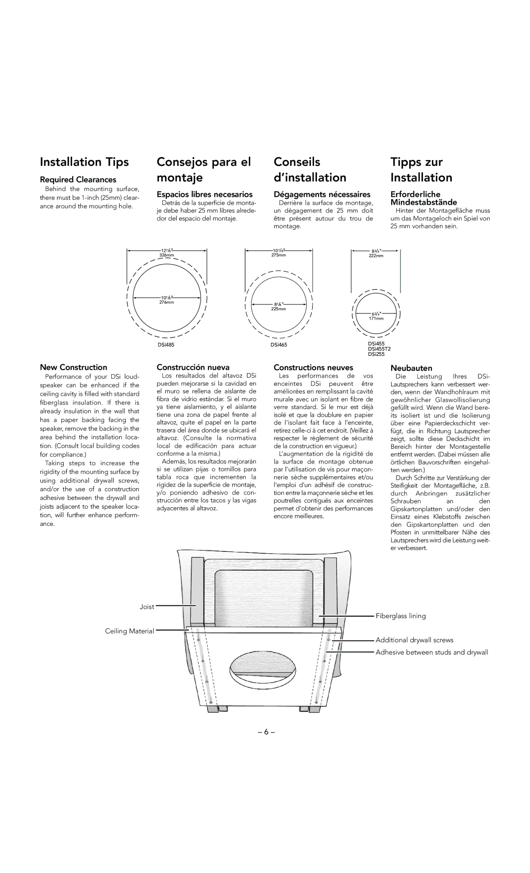 Boston Acoustics DSi255 manual Installation Tips, Consejos para el montaje, Conseils d’installation, Tipps zur Installation 