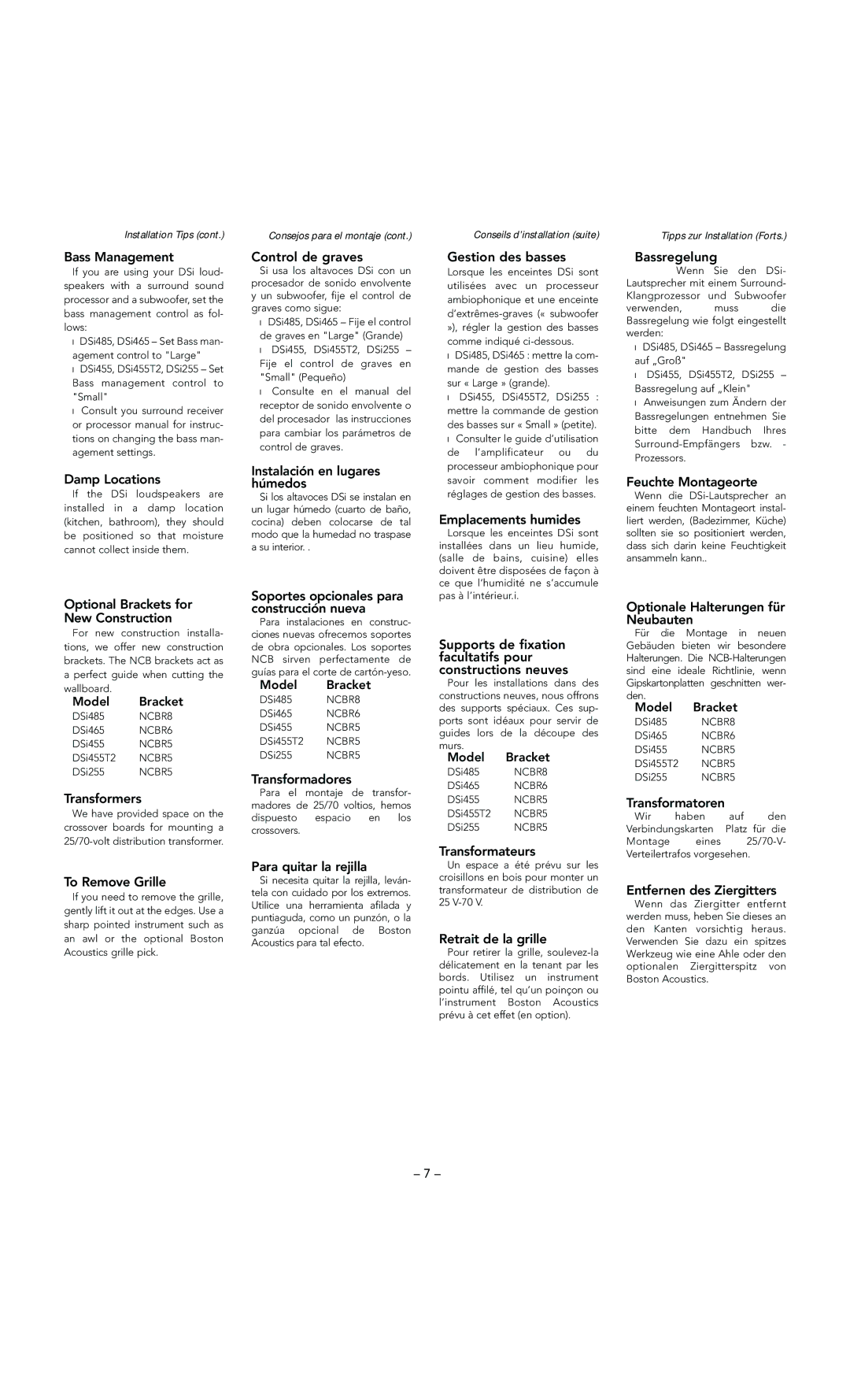 Boston Acoustics DSi255 manual Bass Management, Damp Locations, Optional Brackets for New Construction, Transformers 