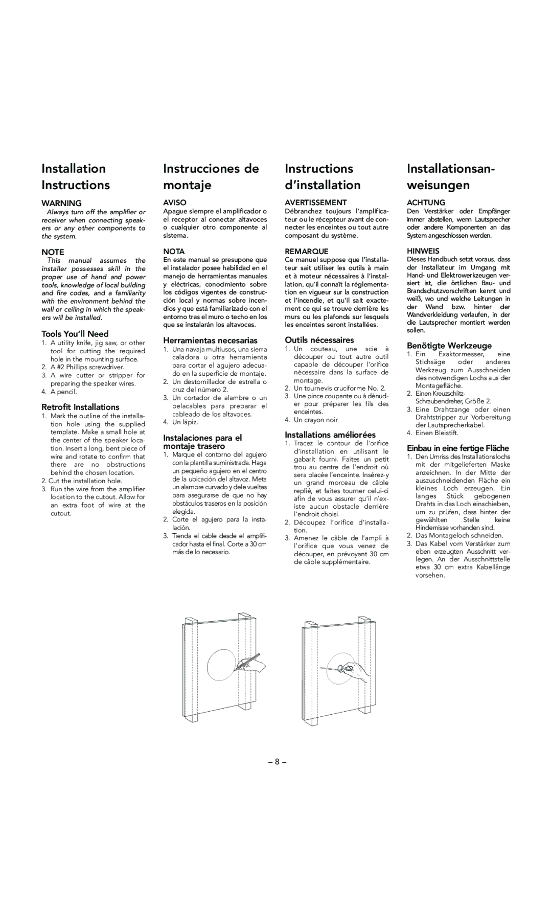 Boston Acoustics DSi255 manual Installation Instructions, Instrucciones de montaje, Instructions d’installation 