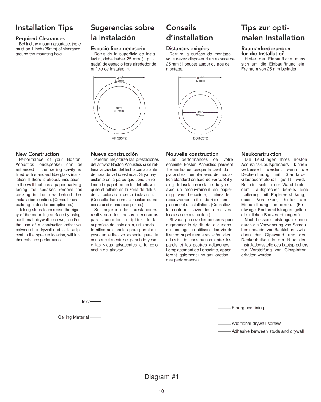 Boston Acoustics DSi465T2, VRi585T2 manual Installation Tips Sugerencias sobre Conseils Tips zur opti, Diagram #1 