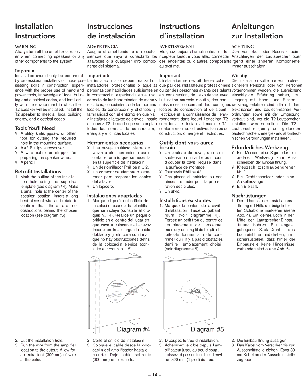 Boston Acoustics DSi465T2, VRi585T2 Installation Instructions, Instrucciones de instalación, Instructions d’installation 