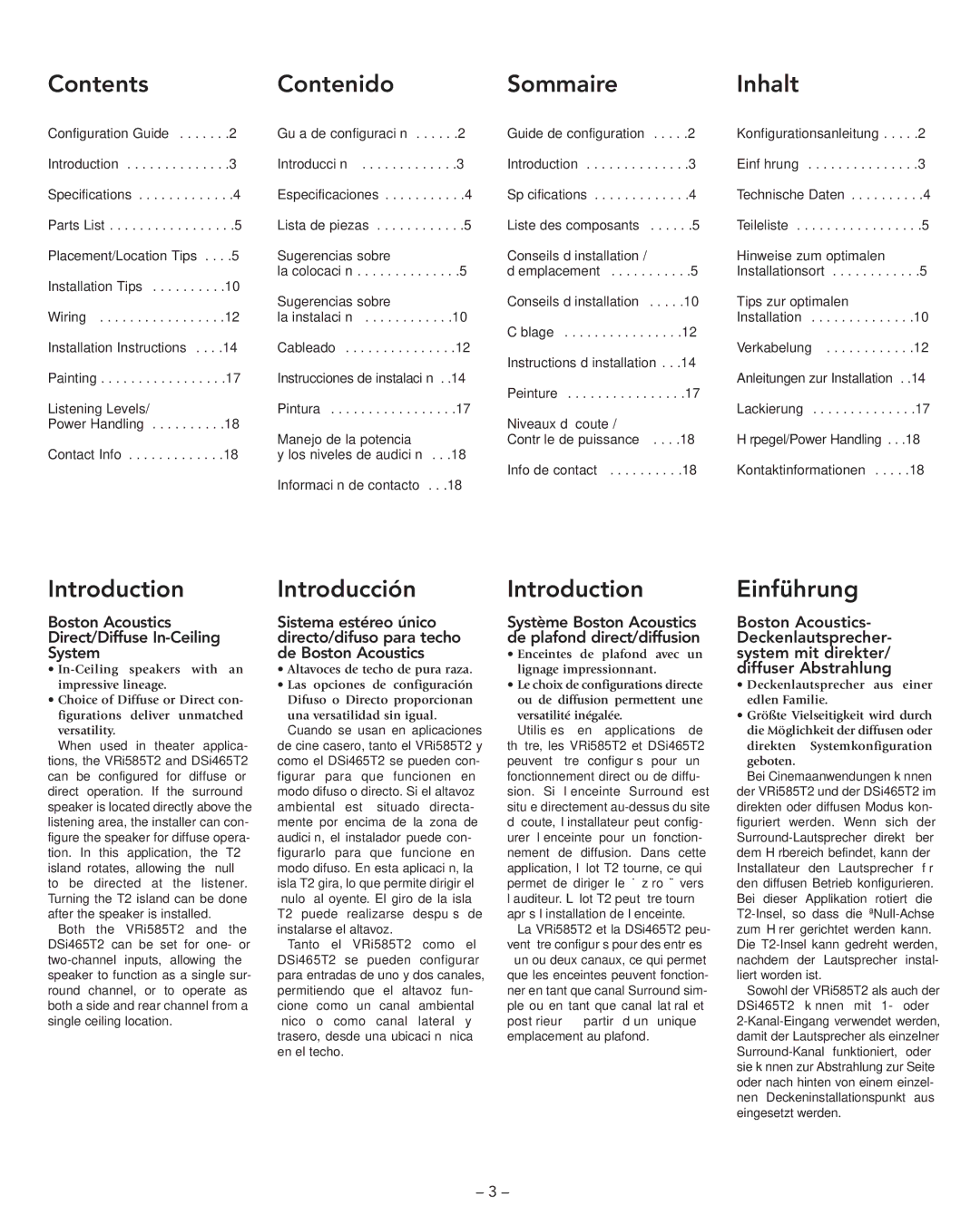 Boston Acoustics VRi585T2, DSi465T2 manual Contents Contenido, Sommaire, Inhalt, Introduction, Introducción, Einführung 