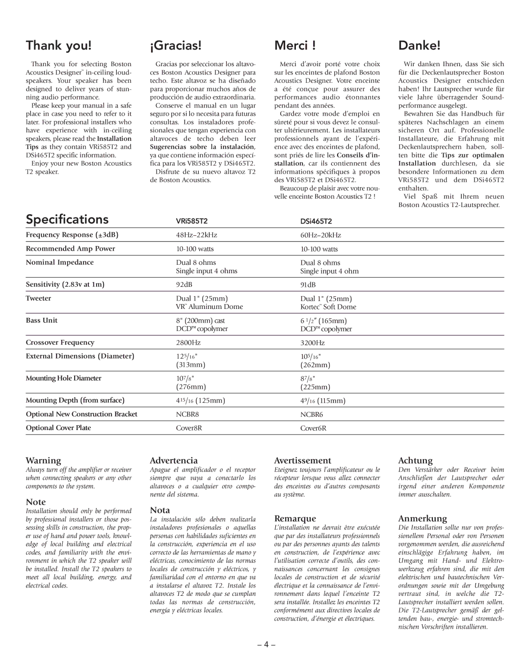 Boston Acoustics DSi465T2, VRi585T2 manual Thank you, ¡Gracias, Merci, Danke, Specifications 