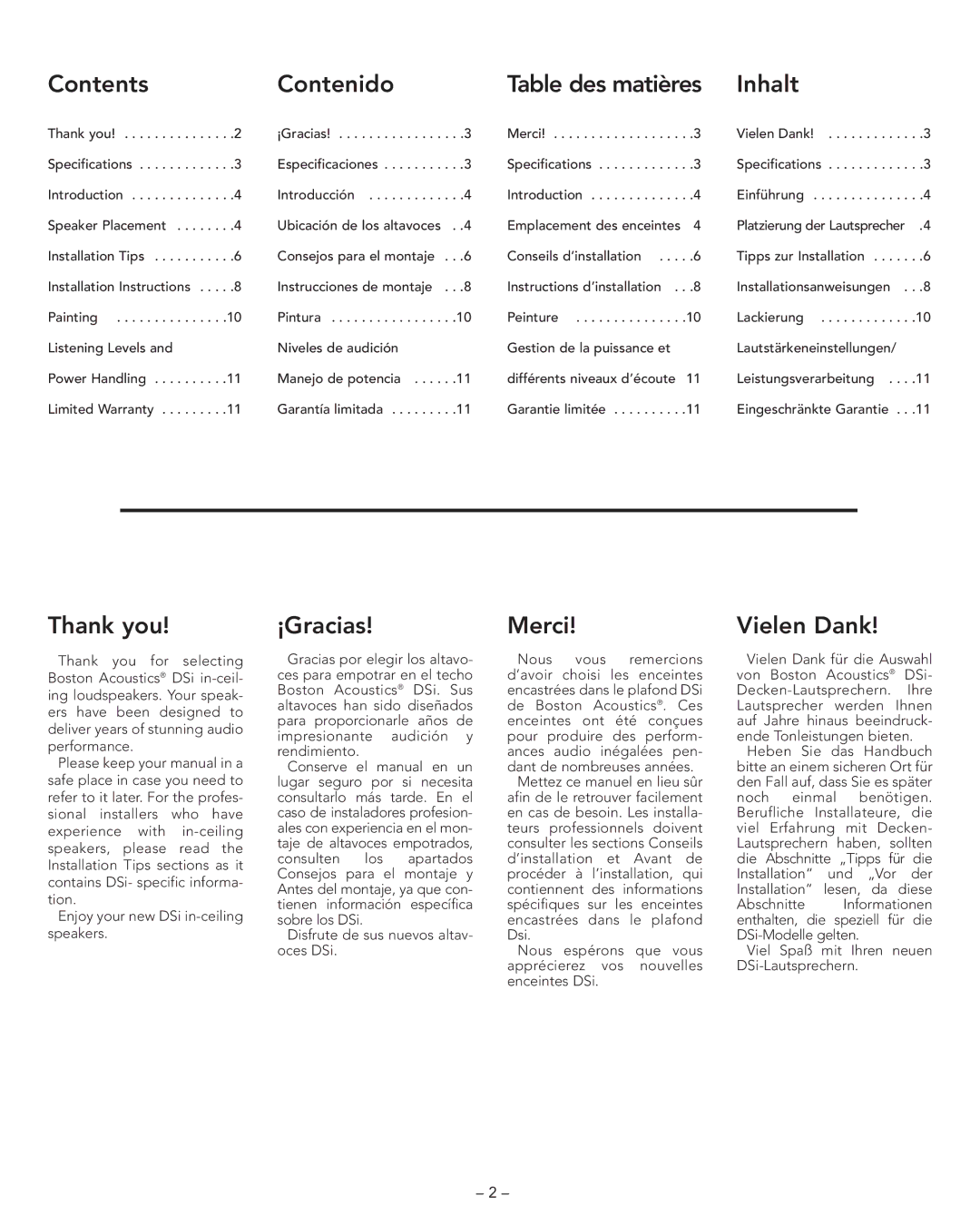 Boston Acoustics DSI455T2, DSI485 Contents Contenido Table des matières Inhalt, Thank you, ¡Gracias, Merci, Vielen Dank 