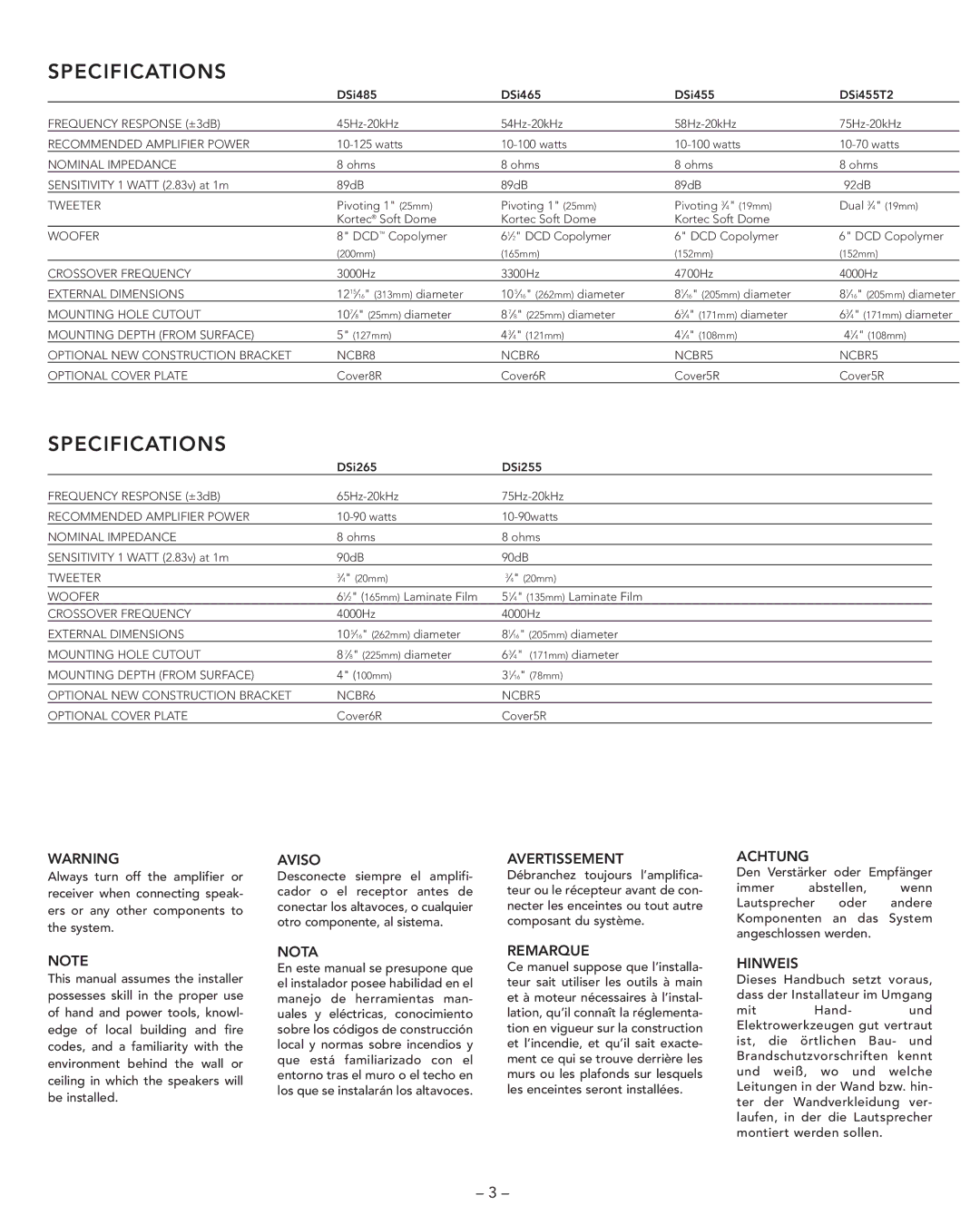 Boston Acoustics DSI465, DSI485, DSI455T2 manual Specifications 