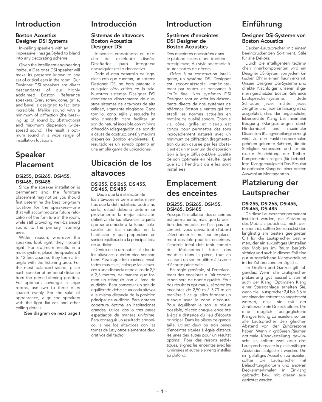 Boston Acoustics DSI485, DSI455 manual Introduction, Speaker Placement, Introducción, Ubicación de los altavoces, Einführung 