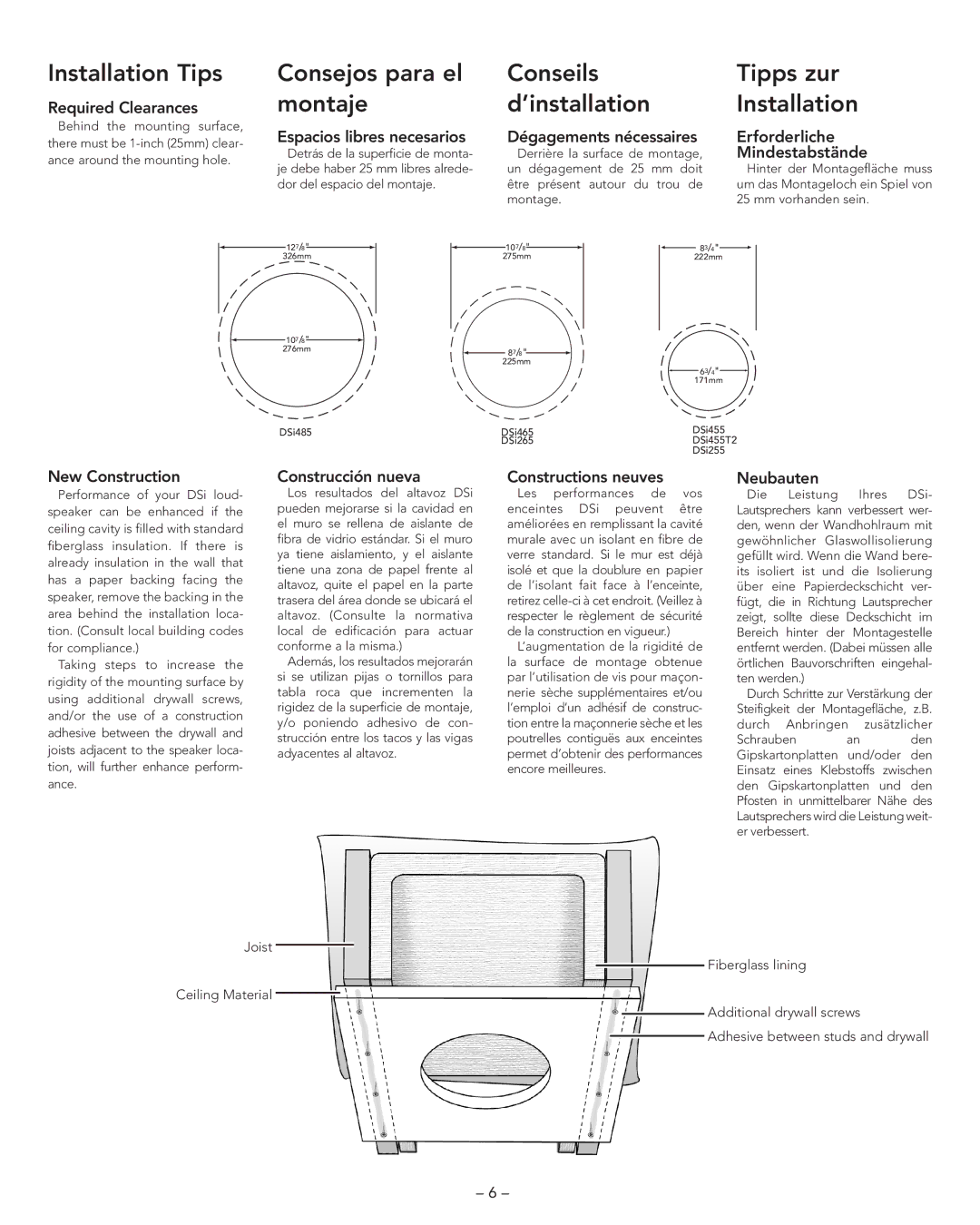 Boston Acoustics DSI455T2 Installation Tips, Consejos para el montaje, Conseils d’installation, Tipps zur Installation 