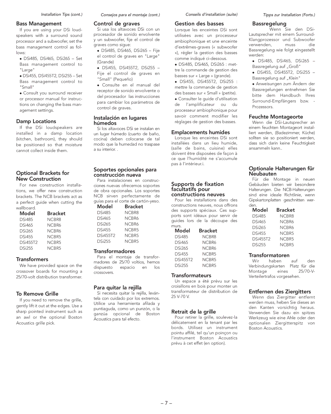 Boston Acoustics DSI465, DSI485 manual Bass Management, Damp Locations, Optional Brackets for New Construction, Transformers 
