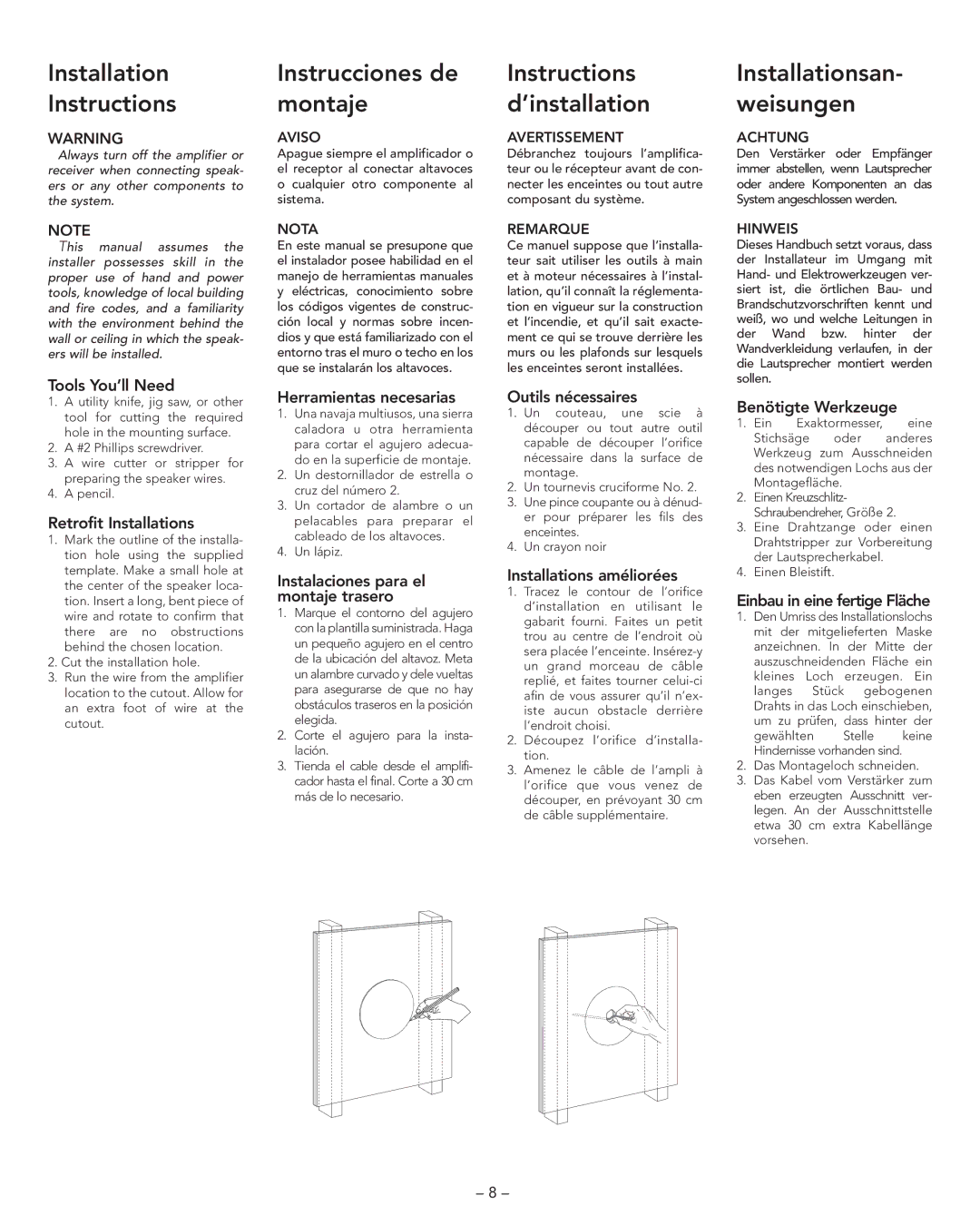 Boston Acoustics DSI485, DSI455T2 manual Installation Instructions, Instrucciones de montaje, Instructions d’installation 