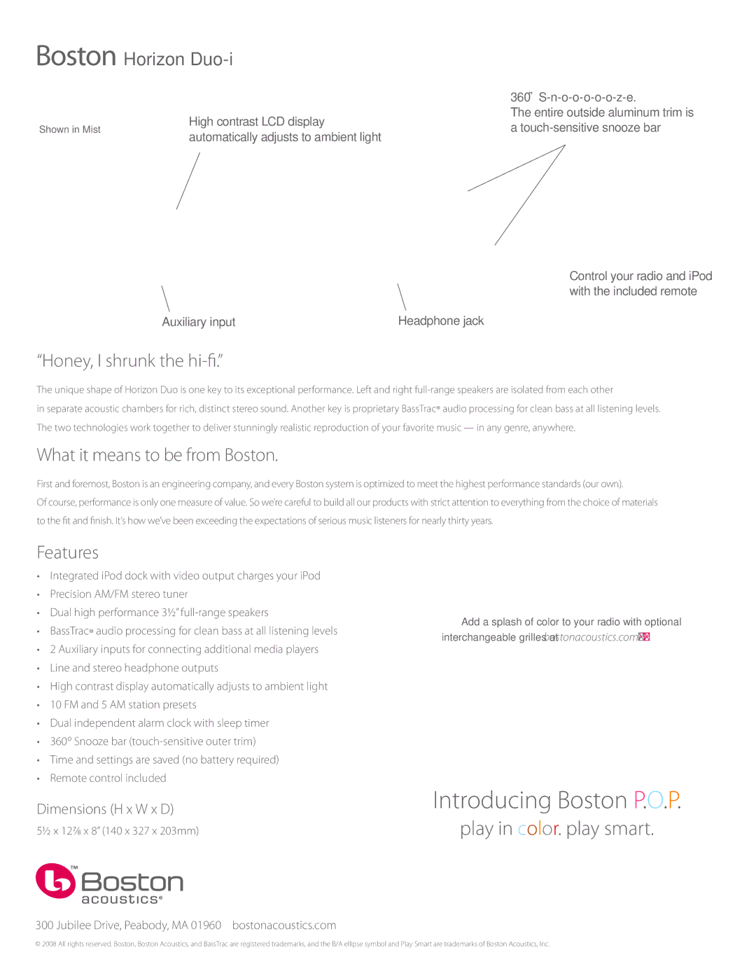 Boston Acoustics Duo-i manual Honey, I shrunk the hi-fi, What it means to be from Boston, Features 
