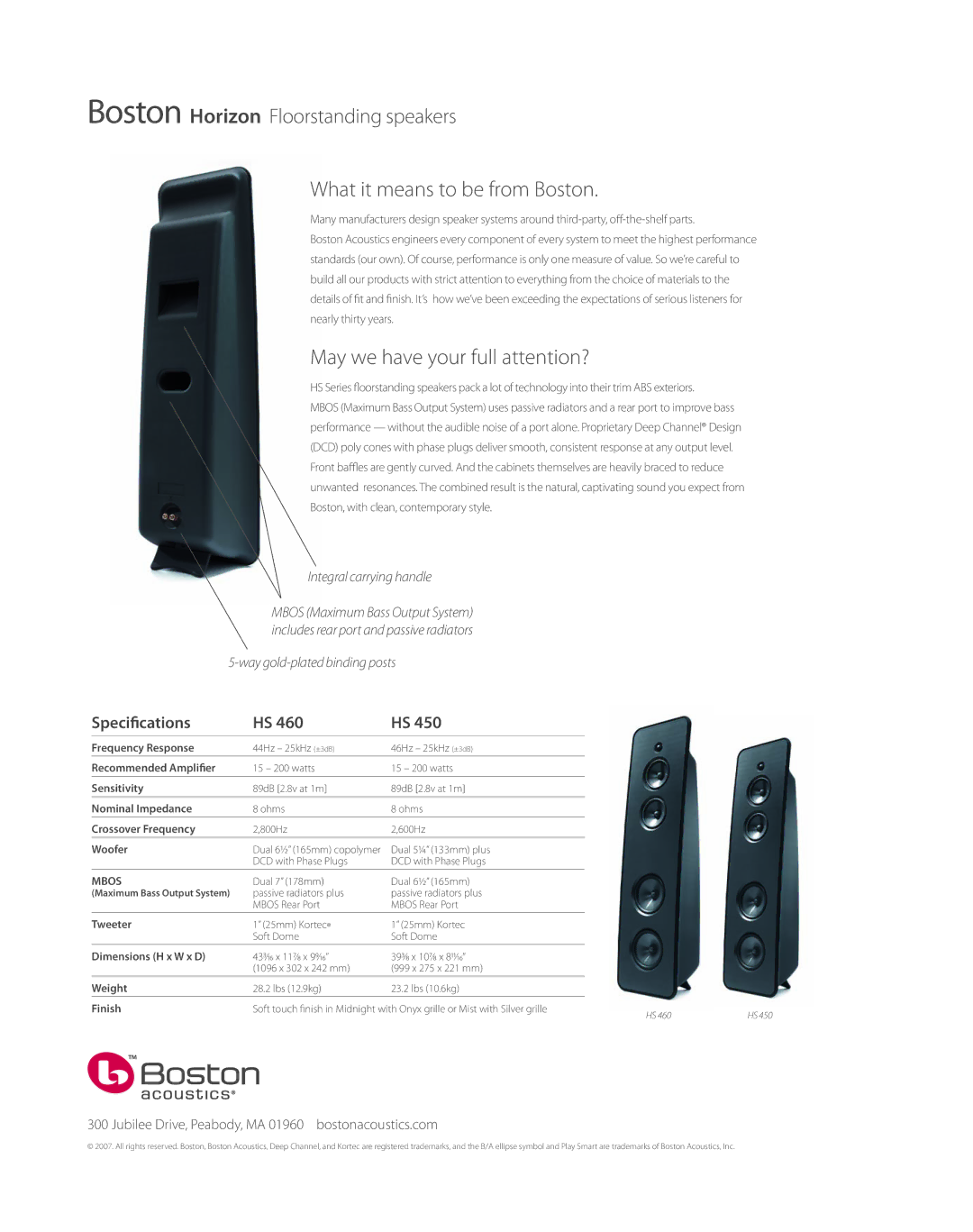 Boston Acoustics Floorstanding Speaker What it means to be from Boston, May we have your full attention?, Specifications 