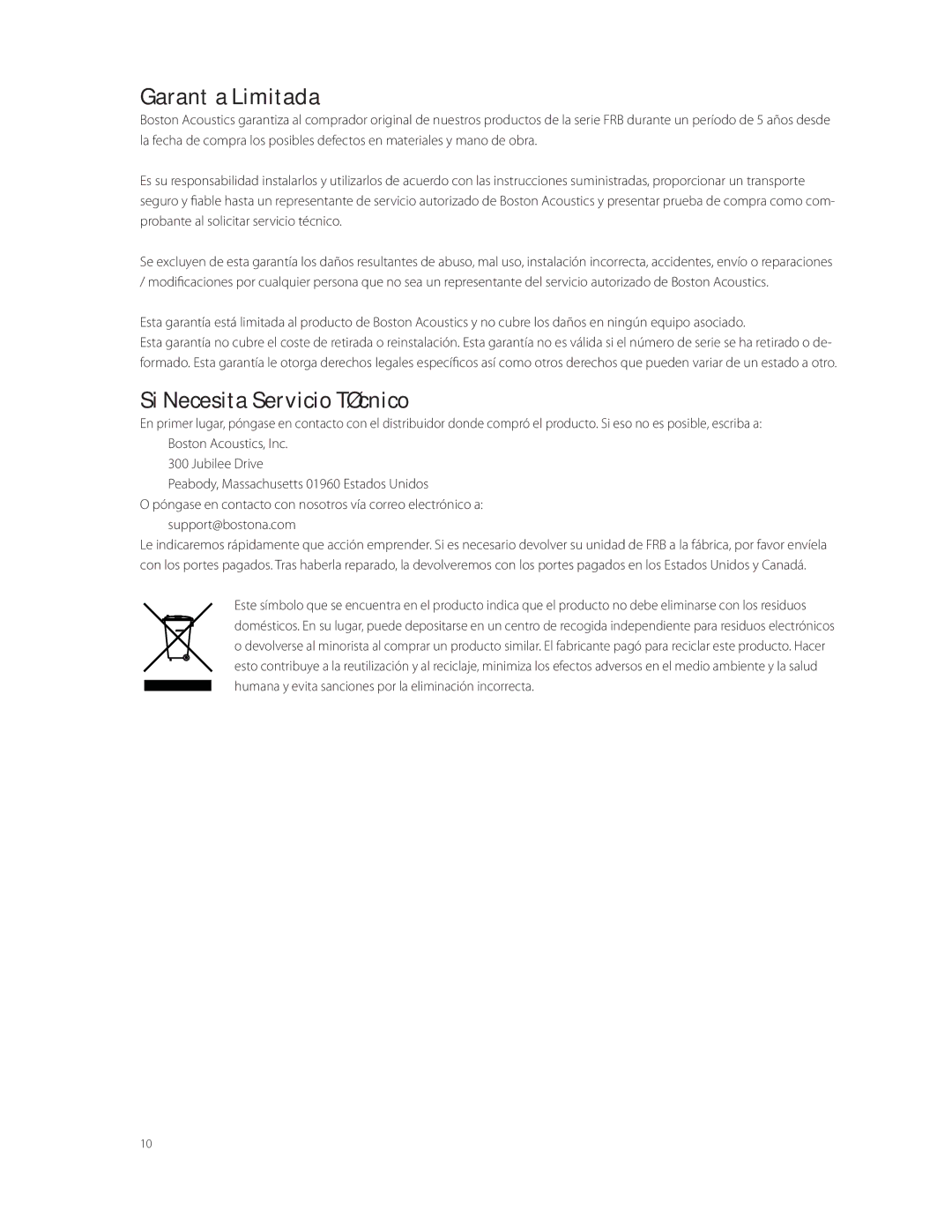 Boston Acoustics FRB6R, FRB8R, FRB5R manual Garantía Limitada, Si Necesita Servicio Técnico 