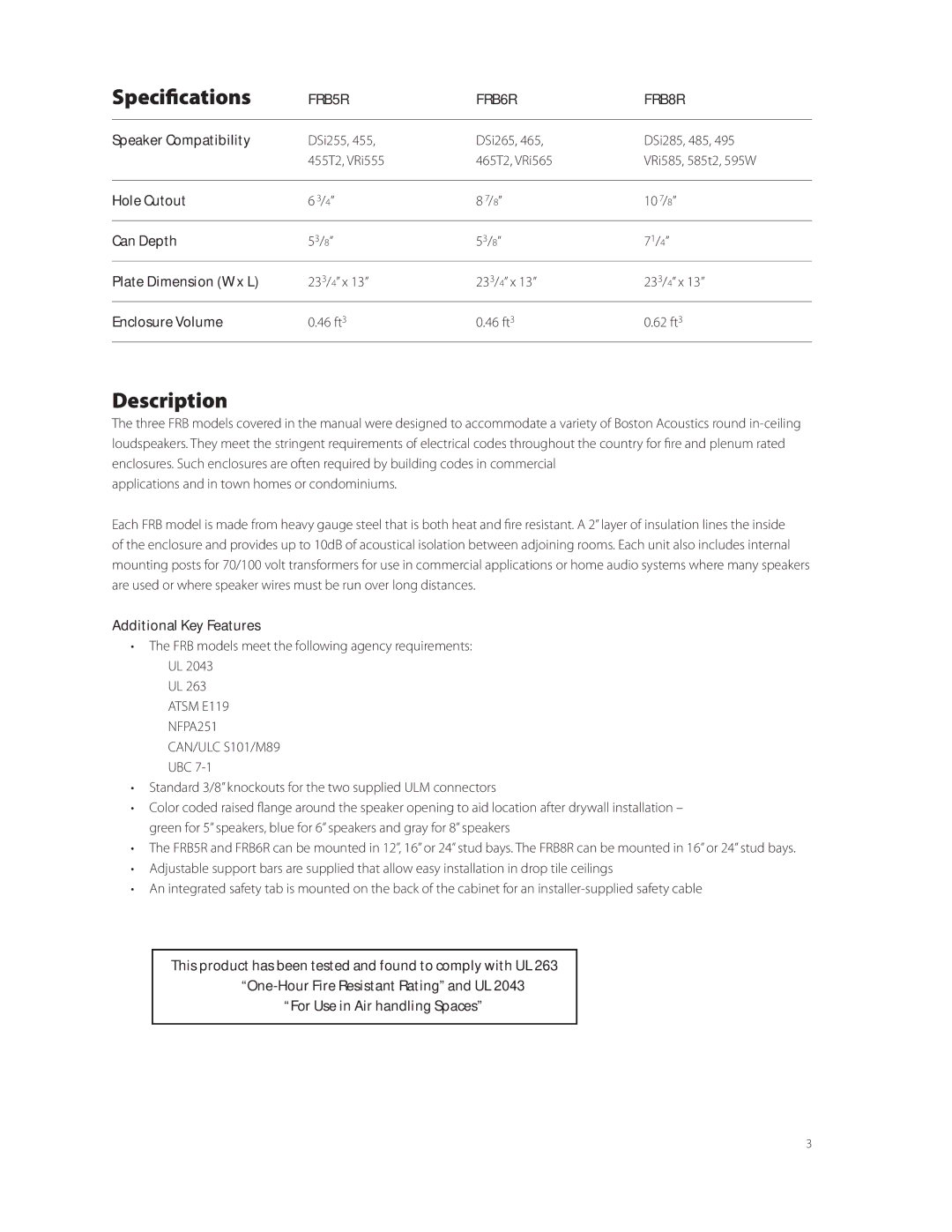 Boston Acoustics FRB8R, FRB6R, FRB5R manual Specifications, Description 