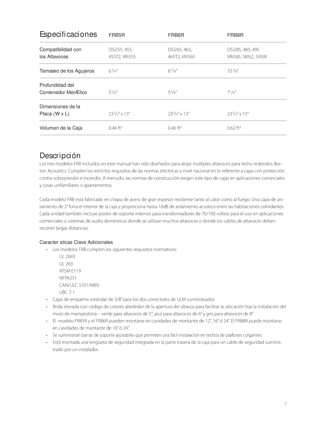 Boston Acoustics FRB6R, FRB8R, FRB5R manual Especificaciones, Descripción 