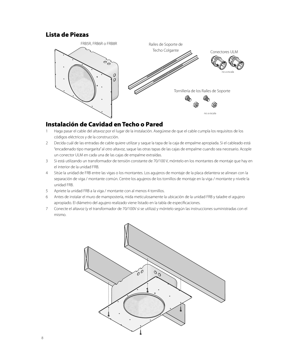 Boston Acoustics FRB5R, FRB8R, FRB6R manual Lista de Piezas, Instalación de Cavidad en Techo o Pared 