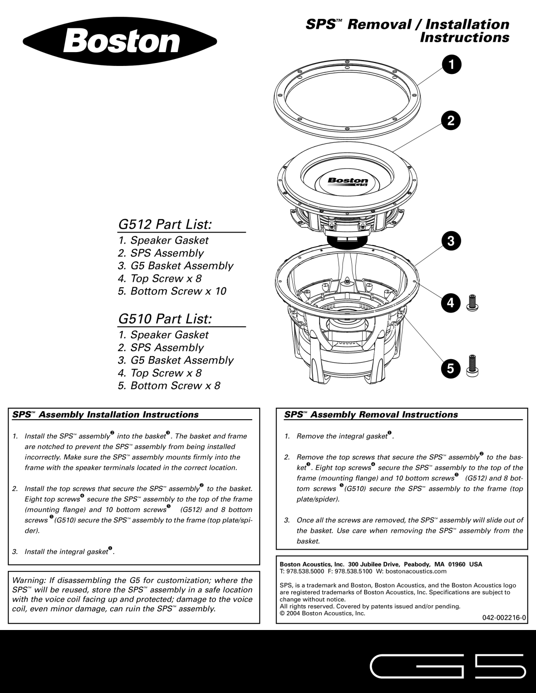 Boston Acoustics installation instructions G512 Part List, G510 Part List, SPS Removal / Installation Instructions 