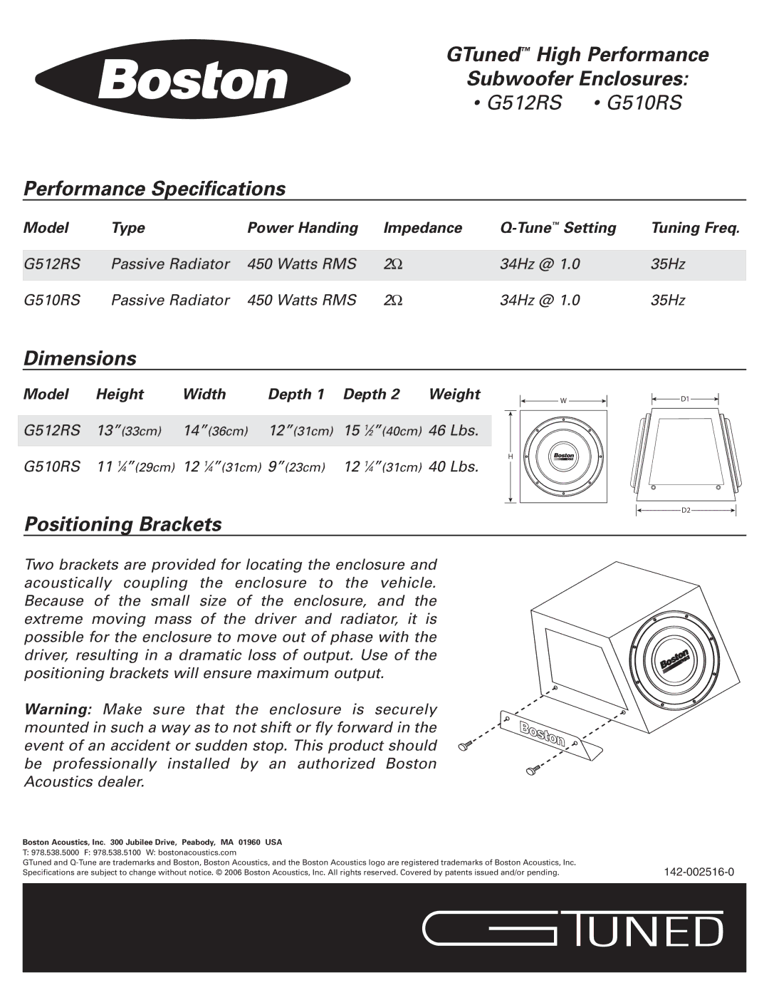 Boston Acoustics G510RS GTuned High Performance Subwoofer Enclosures, Performance Specifications, Dimensions, 142-002516-0 