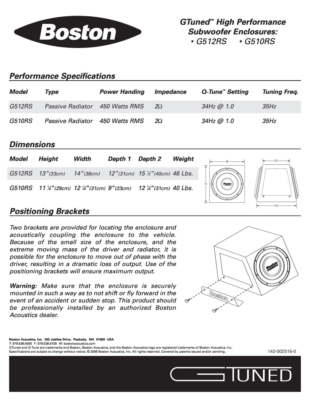 Boston Acoustics G512RS G510RS, GTuned High Performance Subwoofer Enclosures, Performance Specifications, Dimensions 