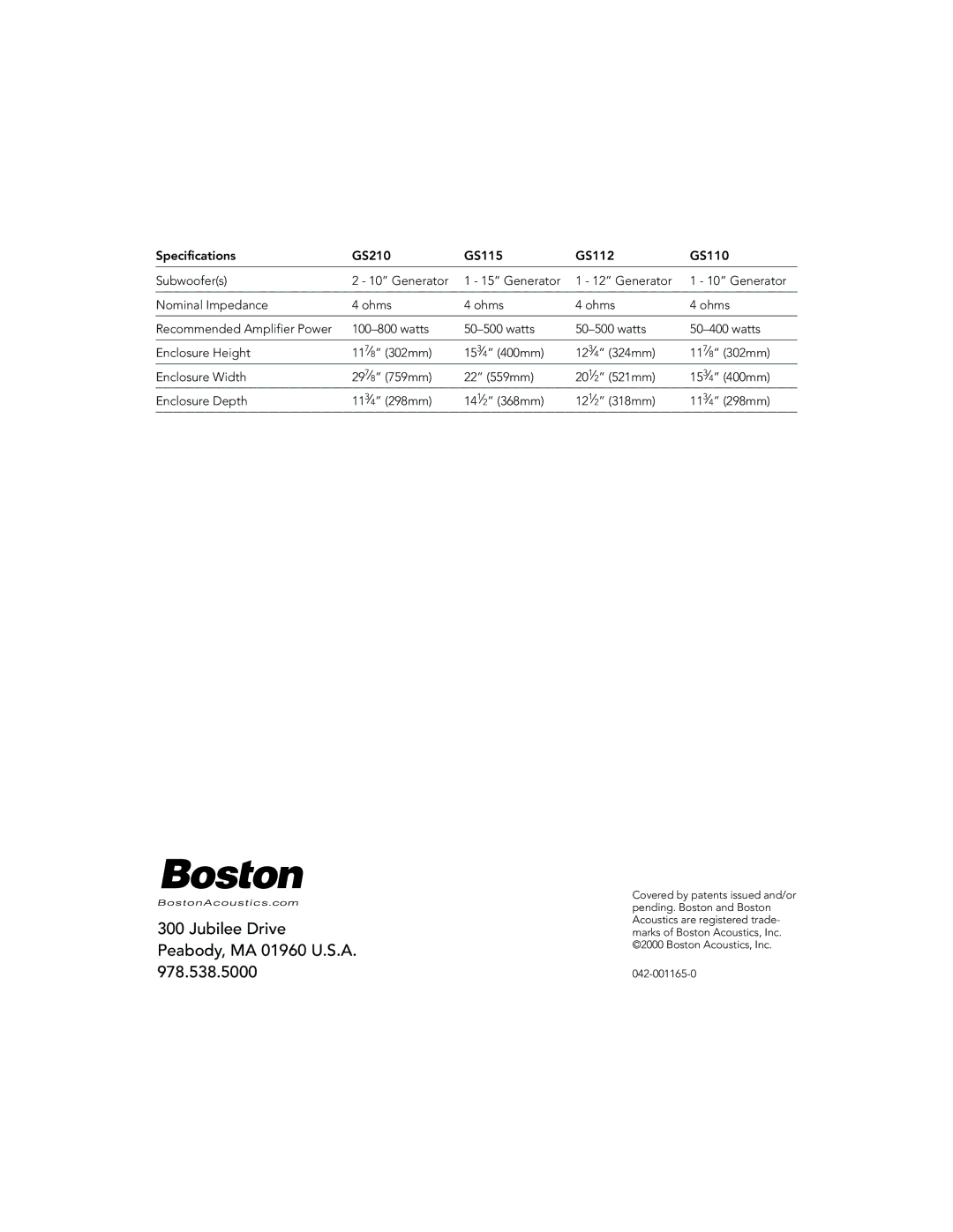 Boston Acoustics GS112, GS115, GS210, GS110 installation manual Jubilee Drive Peabody, MA 01960 U.S.A 