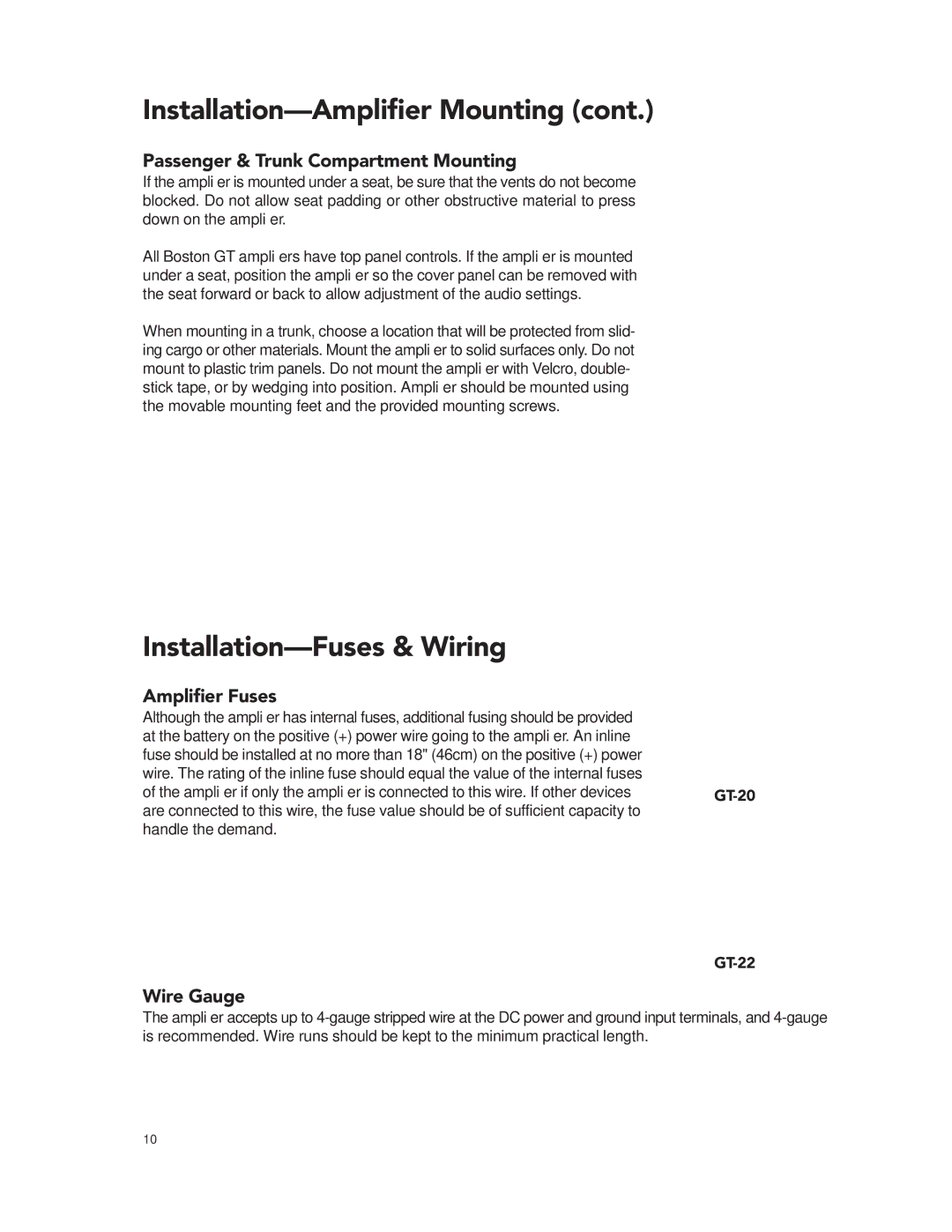 Boston Acoustics GT-20 GT-222 manual Installation-Fuses & Wiring, Passenger & Trunk Compartment Mounting, Ampliﬁer Fuses 