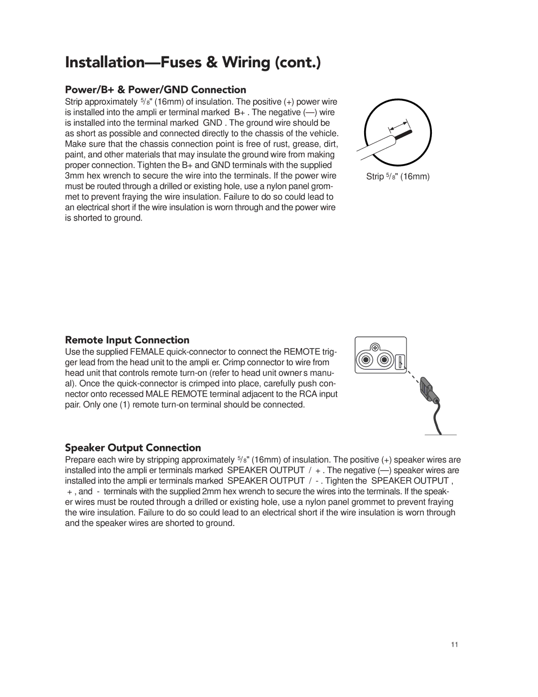 Boston Acoustics GT-20 GT-222 manual Power/B+ & Power/GND Connection, Remote Input Connection, Speaker Output Connection 