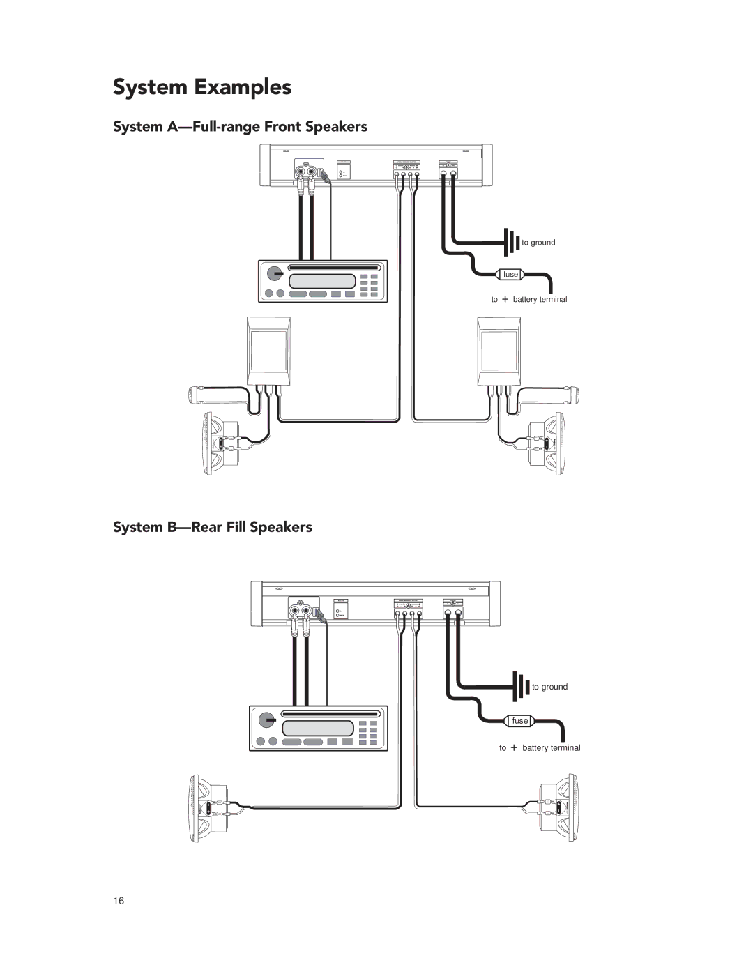 Boston Acoustics GT-20 GT-222 manual System Examples, System A-Full-range Front Speakers, System B-Rear Fill Speakers 