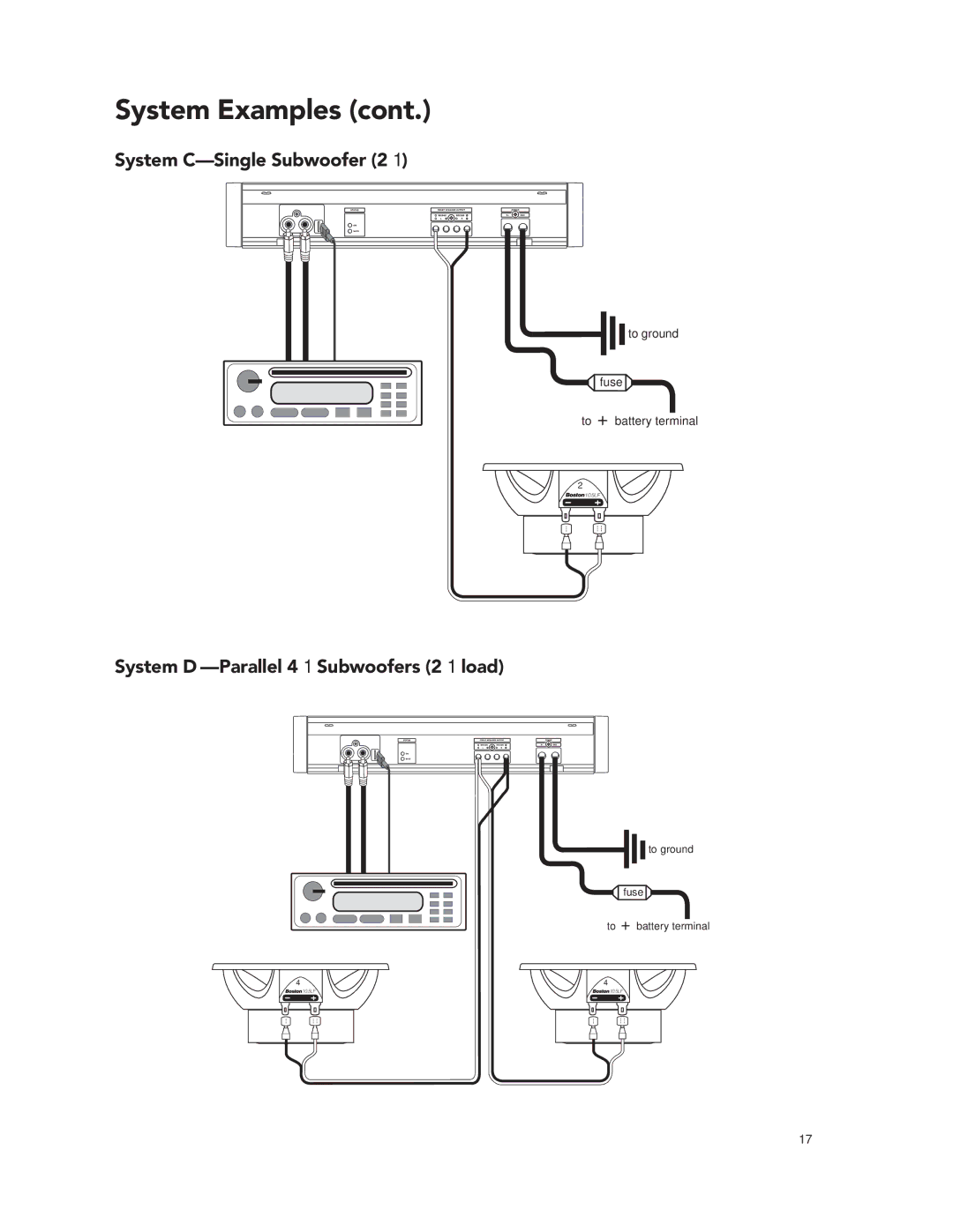 Boston Acoustics GT-20 GT-222 manual System C-Single Subwoofer 2Ω, System D -Parallel 4Ω Subwoofers 2Ω load 