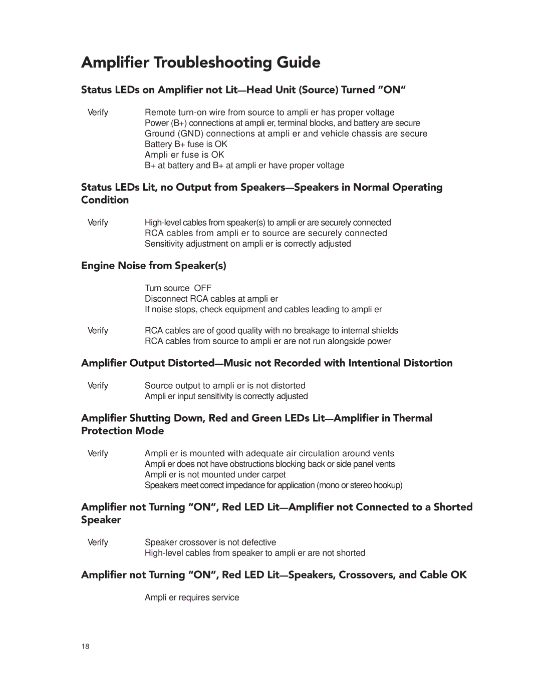 Boston Acoustics GT-20 GT-222 Ampliﬁer Troubleshooting Guide, Status LEDs on Ampliﬁer not Lit-Head Unit Source Turned on 