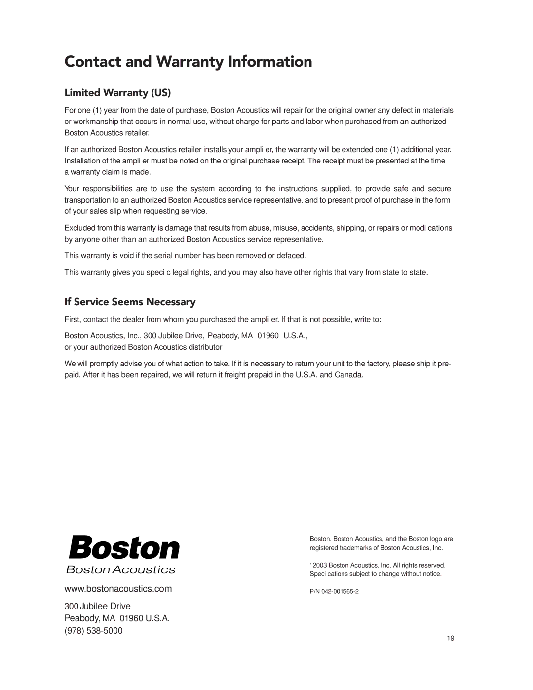 Boston Acoustics GT-20 GT-222 manual Contact and Warranty Information, Limited Warranty US, If Service Seems Necessary 