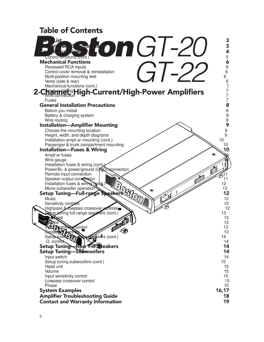 Boston Acoustics GT-20 GT-222 manual Table of Contents 