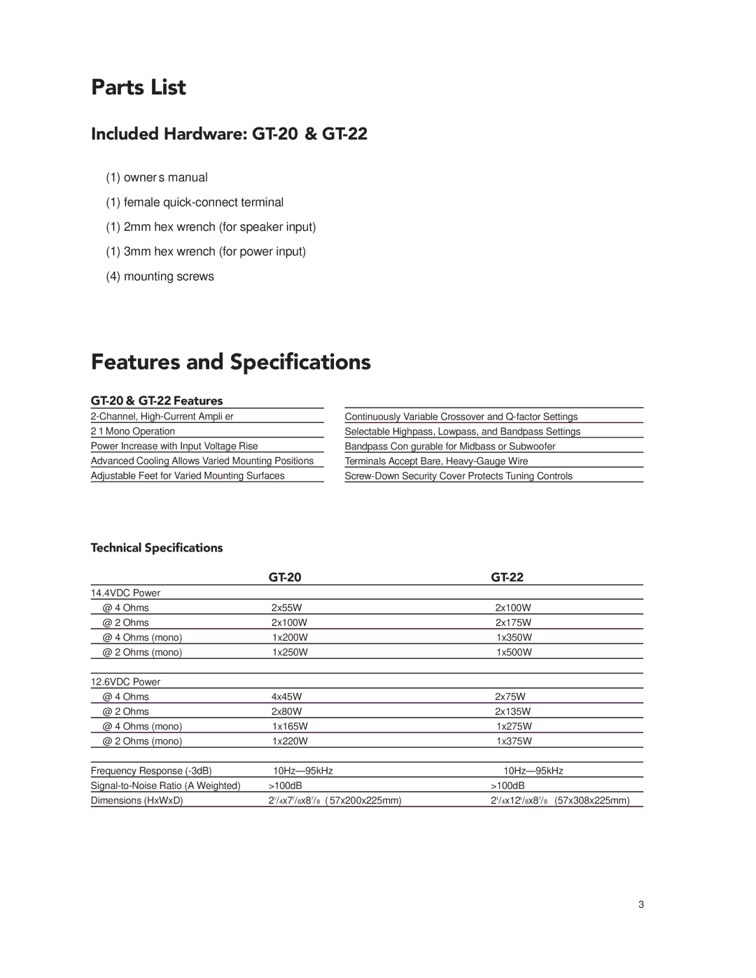 Boston Acoustics GT-20 GT-222 manual Parts List, Features and Speciﬁcations 