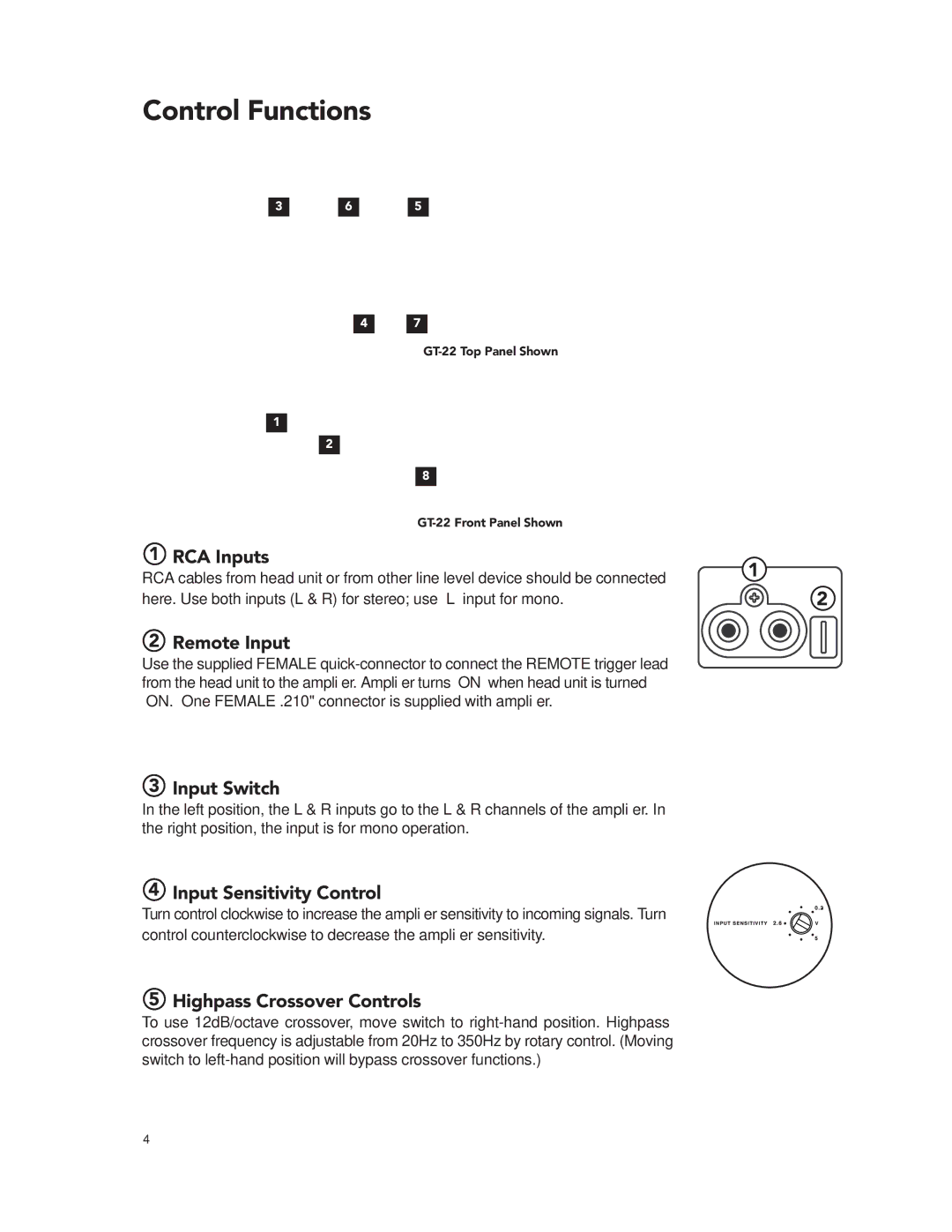 Boston Acoustics GT-20 GT-222 manual Control Functions 