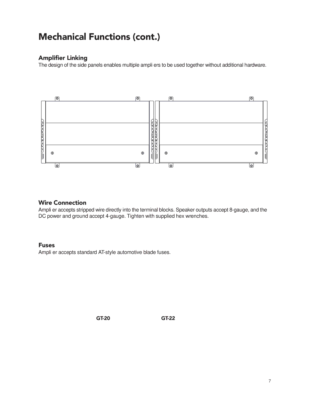 Boston Acoustics GT-20 GT-222 manual Ampliﬁer Linking, Wire Connection, Fuses 