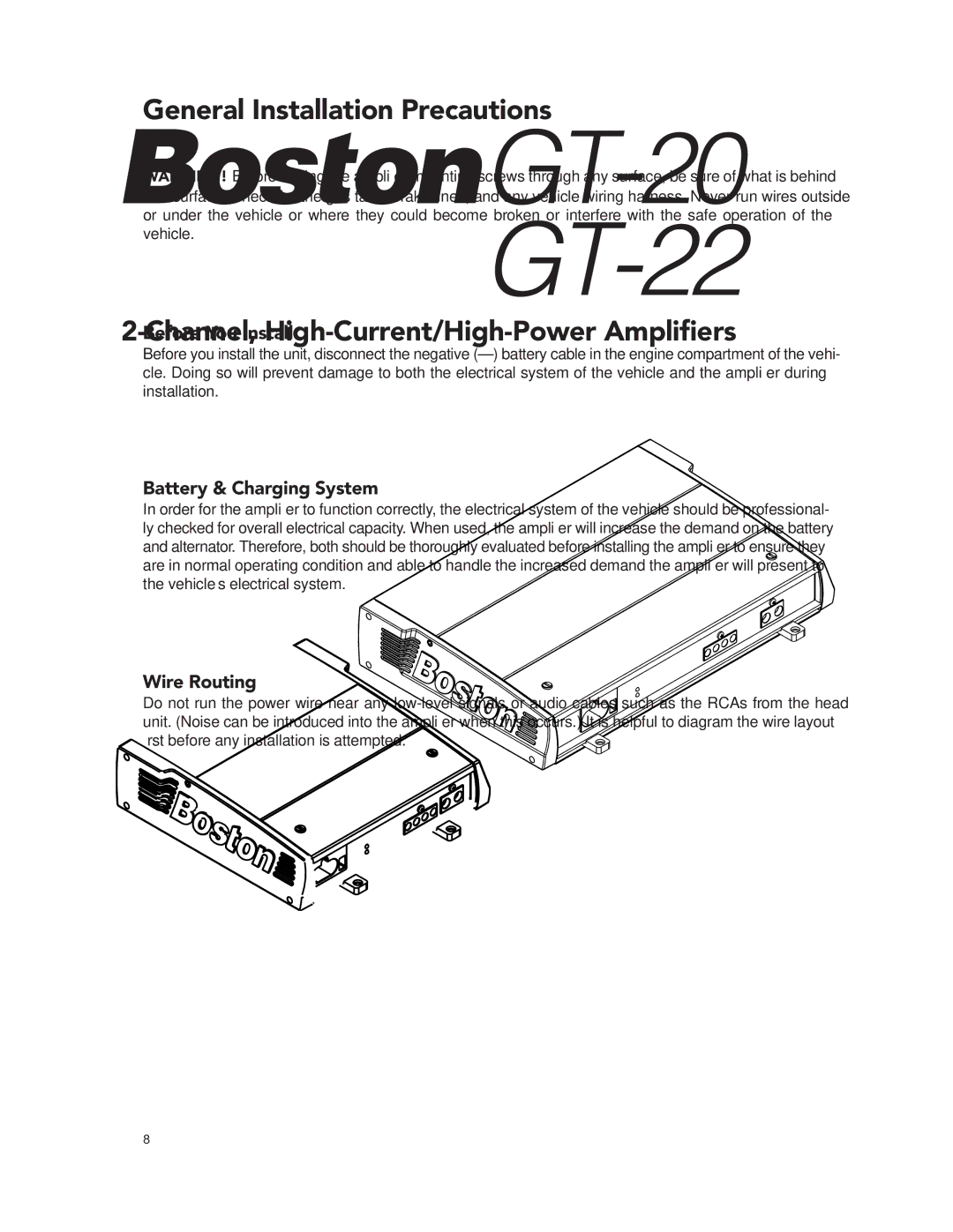 Boston Acoustics GT-20 GT-222 manual General Installation Precautions, Before You Install, Battery & Charging System 