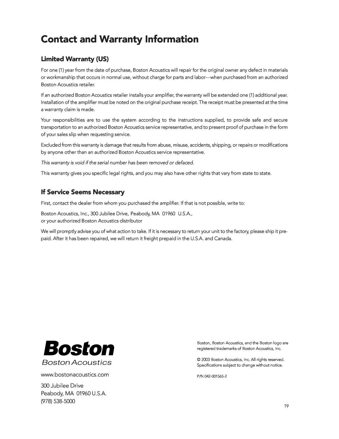 Boston Acoustics GT-20 GT-222 manual Contact and Warranty Information, Limited Warranty US, If Service Seems Necessary 