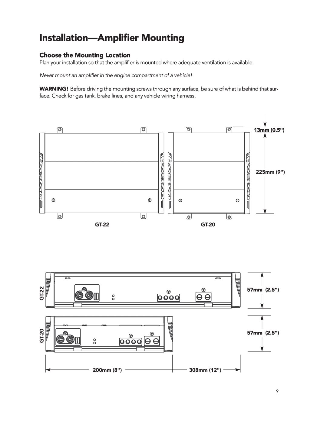 Boston Acoustics GT-20 GT-222 manual Installation-AmpliﬁerMounting, 13mm 225mm, 57mm 57mm, 200mm, 308mm 